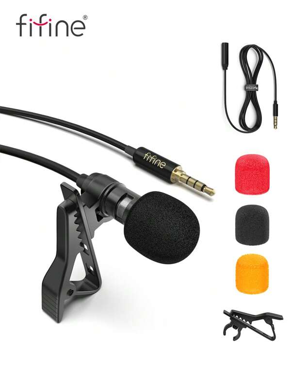 FIFINE Microphone cravate Lavalier compatible avec iPhone Smartphone PC ordinateur, mini microphone à condensateur 3,5 mm clip-on pour enregistrement vidéo Vlog podcast réunion Zoom, avec cordon d