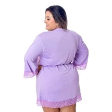 Sexy Plus Size Microfiber Robe With Satin Bow For Bride With Lace Details Half Sleeve - Lilac Purple - View 2
