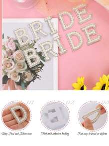5pcs/Set-Iron On Letters Pearl Letter Patches Bling Rhinestone Letters Sew On Letters Bride Iron On Patches Glitter Alphabet Appliques Patches Fabric Craft Bride Sticker For Clothing Hat Shoe - White - View 3