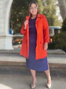 Plus Size Midi Dress With Ribbed Tube Sleeves And Side Slit - 藍色 - 查看 7