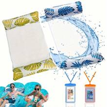 2pcs Inflatable Palm Leaf Print Floating Water Hammock & 2pcs Waterproof Phone Pouch, 4-In-1 Floating Air Mattress For Summer Pool Parties - Multicolor - View 9