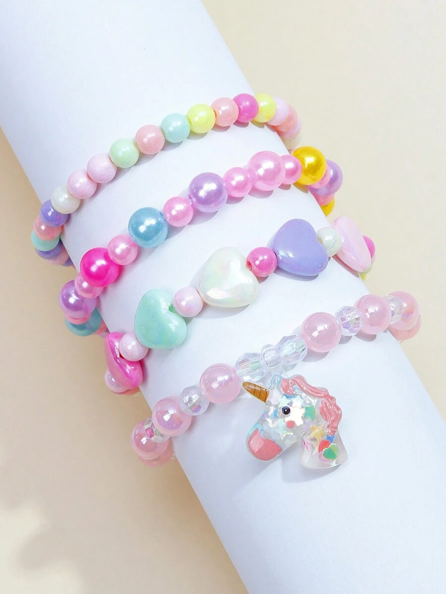 4pcs/Set Girls' Unicorn Shaped Charm & Heart Beaded Bracelet Set With Random Color - Multicolor - View 1