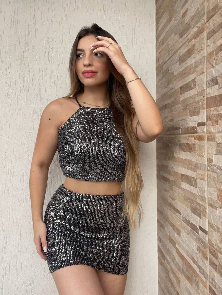 U Neck Set Sequin 2 In 1 Ties With Lining High Waist Skirt And Glitter Crop Top Parties Club Events Carnival Fashion Foreign Blogger - Nhiều màu - Xem 1