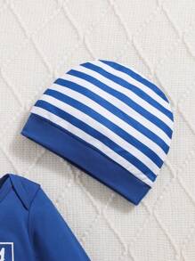 男婴长袖字母印花毛衣、条纹裤和无檐小便帽三件套服装，秋冬 - 藍色 - 查看 6