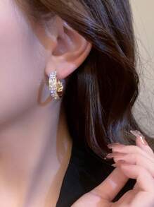 1pair Silver Needle Micro-Inlaid Full Rhinestone Elegant Fashion Hoop Earrings, Personalized Design For Women - Yellow Gold - View 2