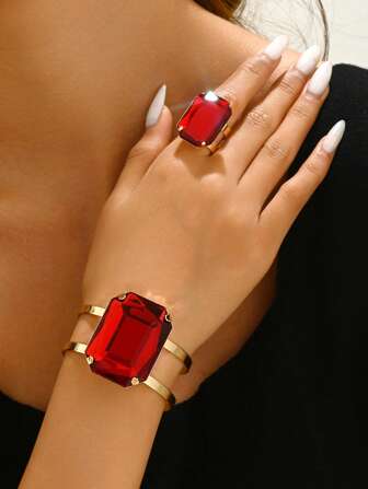 1 套复古方形红宝石双线宝石手镯和开口戒指首饰套装，时尚女士首饰
