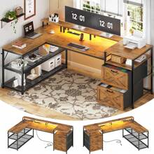L Shaped Desk With 2 Drawers, Reversible Computer Desk With LED Lights And Power Outlet, Home Office Desk
