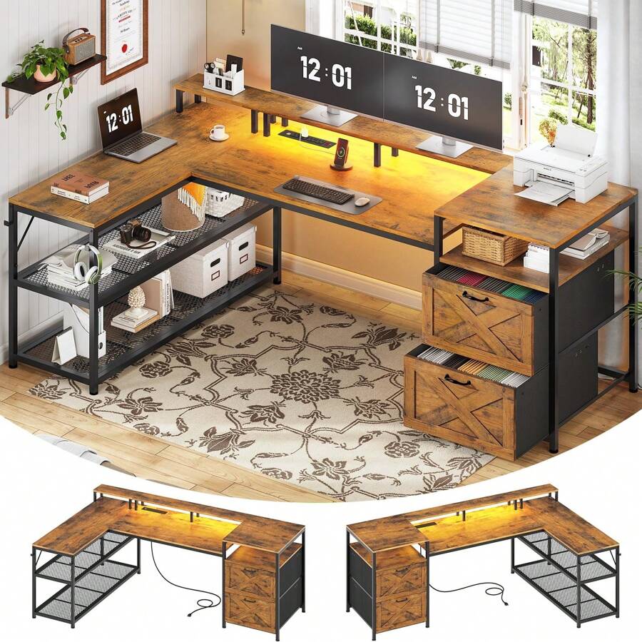 L Shaped Desk With 2 Drawers, Reversible Computer Desk With LED Lights And Power Outlet, Home Office Desk