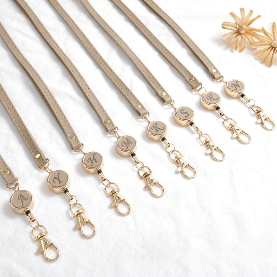 1pc Retractable Badge Reel, Women PU Leather Long Lanyard Cord, Sturdy ID Card Holder, Key Nurse Teacher Security Clip, Personalized Initial Gift Keychain Charms Gifts For Women Purse Chain Purse Charms