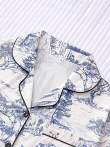 2 件套女士休闲豹纹睡衣套装 - 有领短袖衬衫和松紧腰宽松裤，适合休闲、户外和家居穿着，两件套 - 淺藍色 - 查看 3