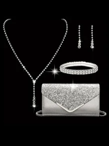 Women's Fashion Versatile Shiny Elegant Handbag, Evening Bag With Chain Shoulder Bag, Cocktail Dress Accessory Set: Long Pendant Necklace, Earrings, 4pcs Set, Perfectly Matching With New Years Outfit, Tready Party Bags,Perfect For Party, Wedding, Prom, Dinner/Banquet, Essential Wedding Items,Perfectly Matching With Graduation Dress, Prom Dresses