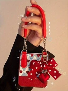 Apple Cute Korean Heart Bow Pendant Rhombus Lattice With Handbag Leather Phone Case Compatible With Samsung Galaxy Z Flip5 Z Flip6 ZFlip 3 Z Flip 4 Shockproof Back Cover