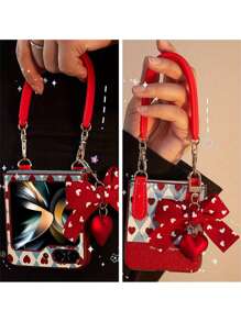 Apple Cute Korean Heart Bow Pendant Rhombus Lattice With Handbag Leather Phone Case Compatible With Samsung Galaxy Z Flip5 Z Flip6 ZFlip 3 Z Flip 4 Shockproof Back Cover