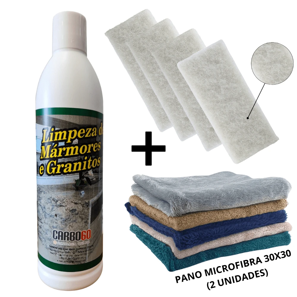 Kit 1 Marble Granite And Porcelain Cleaner Renovates And Shines Carbo60 500ml + 4 White Fiber For Delicate Cleaning Porcelain Glass Mirrors Countertops + 2 Microfiber Multipurpose Cloth Various Colors And Prints Cleans And Dry Without Scratching 30x30 - trắng - Xem 1