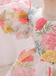 Váy dự tiệc công chúa tay bồng in hoa cho bé gái - Màu vàng - Xem 3