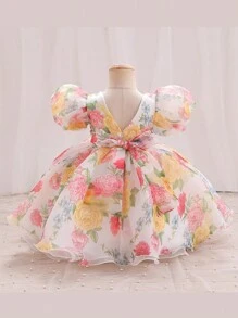 Váy dự tiệc công chúa tay bồng in hoa cho bé gái - Màu vàng - Xem 2