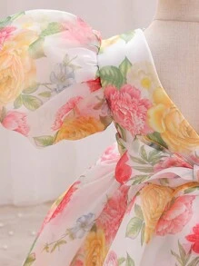 Váy dự tiệc công chúa tay bồng in hoa cho bé gái - Màu vàng - Xem 4