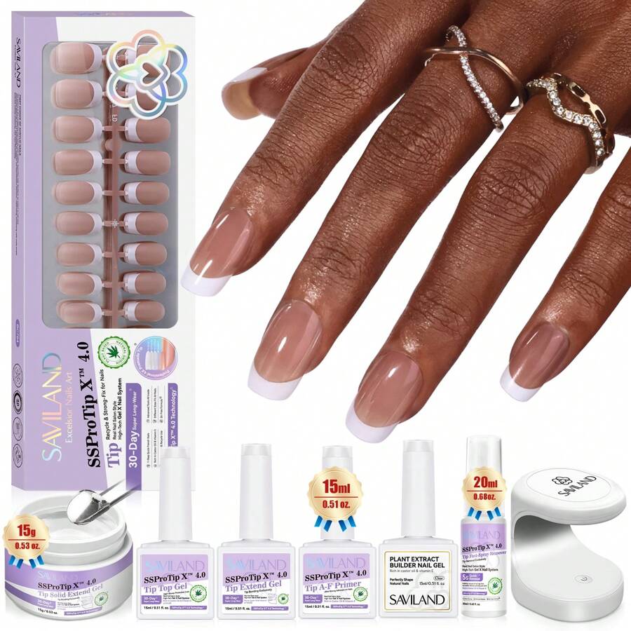 SAVILAND French Gel Nail Kit: Long-Lasting Extra Short Square Press On Nails For Women Thick & Perfect Nude French Gels Tips Chip-Free Sturdy-Fit Solid Nail Glue Gel U V/LED Lamp Nail Supplies - 短方形法式按壓指甲套件 - 查看 1