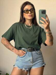 Women's Blouse T-Shirt Short Sleeve T-Shirt Premium Mesh 100% Cotton Casual Launch Plain Stripped - Màu xanh lá cây đậm - Xem 2