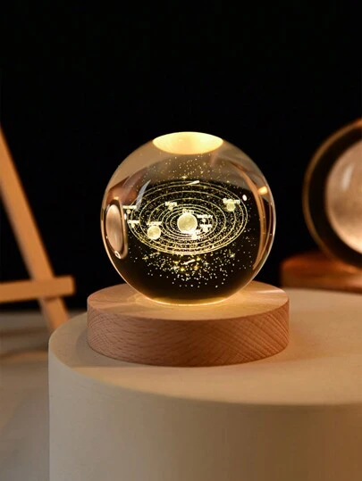 1pc Solar System Crystal Ball 3D Solar System Planets Globe Model With Wooden Stand, Home Decor Item, Astronomy Gift, Crystal Ball With Wooden Base, Space Galaxy Crystal Ball, Photography Ball, Crystal Ornament Gift, Glass Sphere