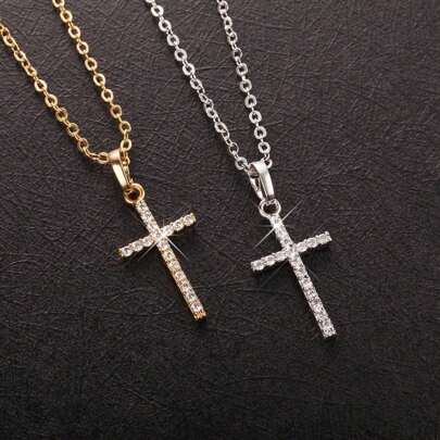 1pc Rhinestone Inlaid Cross Pendant Necklace, European & American Hip-Hop Fashion Cross Necklace Accessory Halloween Fathers Day Gift School Halloween Accessories Punk