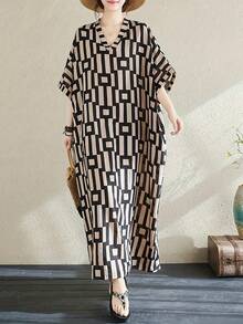 女士极简几何印花V领长款卡夫坦连衣裙，短袖，休闲宽松版型，带口袋