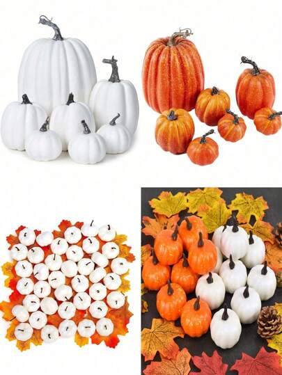 1/12/162pcs Artificial Foam Pumpkins Set,With Fake Maple Leaves,For Fall Halloween Thanksgiving Table Centerpiece Wreath DIY Autumn Wedding Party Decoration.(Mini&Large,Orange&White ) Fall Autumn,Christmas