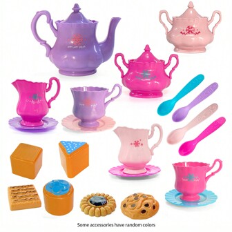 Juego de té para niñas pequeñas de 21 piezas, juego de té para niños, que incluye tetera, galletas y comida simulada, accesorio de juguete para fiestas de té para niños pequeños, color aleatorio, gran regalo para niños y niñas