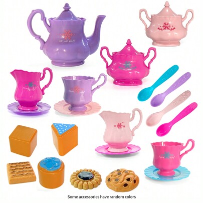 21Pcs Little Girls Tea Set, Tea Party Set, Kids Tea Set Including Teapot, Cookies And Pretend Food, Toddler Tea Party Accessory Toy, Random Color, Great Gift For Boys And Girls