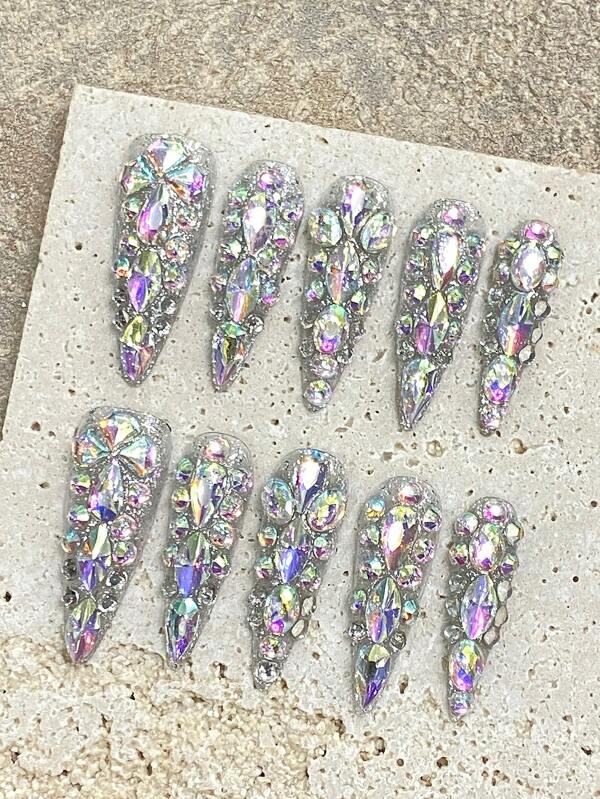 YADORNOS Y2K 10pcs Glitter Rhinestone Handmade Press On Nails, Valentine's Day New Year Nails, Autumn Winter Light Luxury Super Long Stiletto Nail Tips Simple Full Coverage Fake Nails With Jelly Glue And Nail File, Acrylic Press On Nails, Home Diy Nail Art Supplies,For School/Holiday Parties/Wedding/Daily Wear