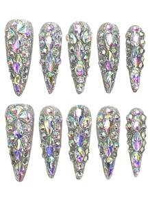 YADORNOS Y2K 10片装闪亮水钻手工美甲贴片，情人节新年美甲，秋冬轻奢超长尖头美甲贴片，简约全覆盖假指甲，含果冻胶和指甲锉，亚克力美甲贴片，居家DIY美甲用品，适合学校/节日派对/婚礼/日常佩戴的手工美甲贴片 - 彩色 - 查看 5