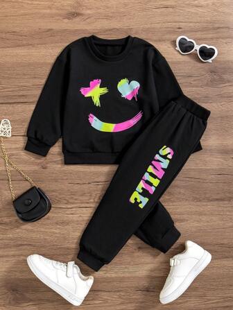 2pcs/Set Toddler Girls Casual Knit Crew Neck Long Sleeve Face Print Sweatshirt + Colorful "Smile" English Letter Print Long Pants, Spring/Autumn