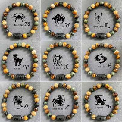 1 pieza Brazalete de cuentas de piedra natural obsidiana de los doce signos del zodíaco para hombre, regalo del Día del Padre, adecuado para unisex, familia y amigos