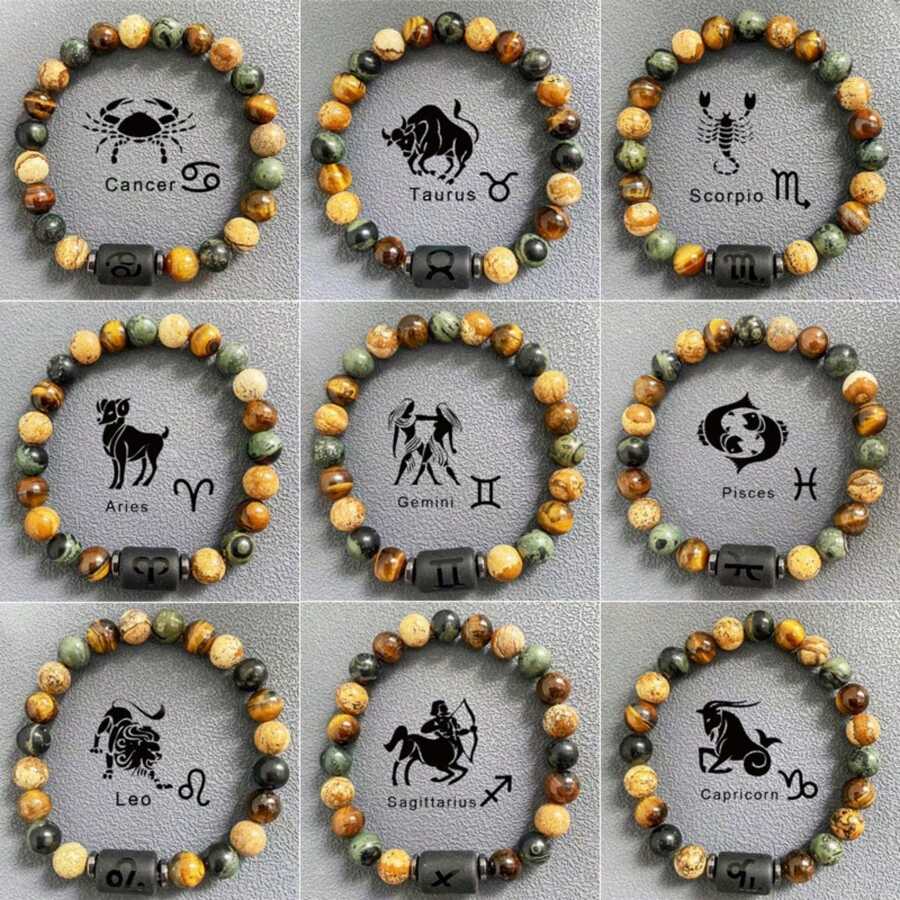 1 Stück Obsidian Armband mit Zwölf Tierkreiszeichen Perlen, Geschenk zum Vatertag, geeignet für Unisex Familie, Freunde - Schwarz - Übersicht 1