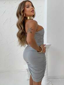 Women's Fashion Draped Strapless Short Dress - Xám - Xem 2