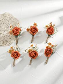 6pcs Rose Flower With Green Plant Romantic Floral Brooch Set, Suitable For Wedding Decor, Events, Formal Parties Valentine's Day