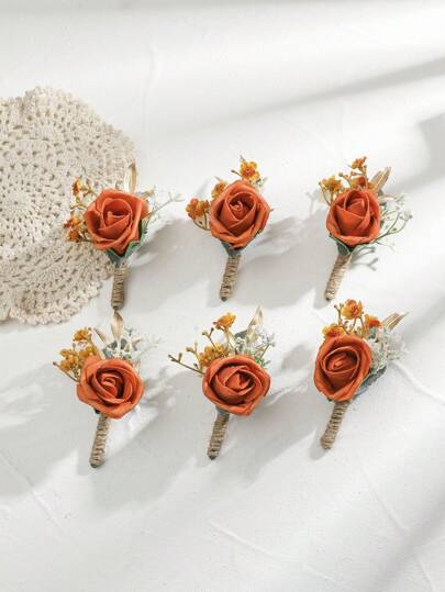 6pcs Rose Flower With Green Plant Romantic Floral Brooch Set, Suitable For Wedding Decor, Events, Formal Parties Valentine's Day