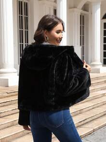 Ladies' Versatile Fluffy Coat With Pocket: Reversible, Simple And Perfect For Fall And Winter - Black - View 4