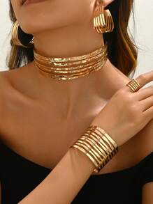 1set Minimalist Metal Wire Layering Bangle Bracelet, Ring, Necklace And Earrings Jewelry Set For Women, Daily, Party, Vacation Accessories And Gift