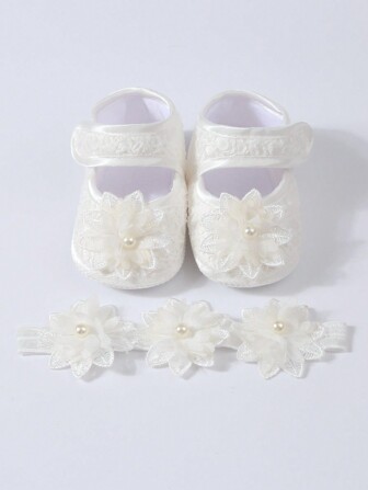 1pair Soft Sole Baby Princess Socks + 1pc Baby Headband, Gift Set