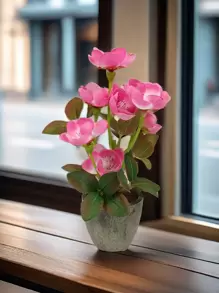 1pc/1set Artificial Flowers 17.5cm Tall Fake Plants Flocked Foam Cement Pot Mini Bonsai Decor Set, Suitable For Indoor Office Coffee Table Cabinet Desktop Decoration, Valentine Day, Gift Gifts Birthday Graduation
