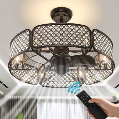 76cm Caged Ceiling Fan W/ 6 Light Bases, Crystal Ceiling Fan Light W/ 6 Gear Speeds & 3 Fan Blades, Reversible DC Motor, Quiet Operation, Ideal For Bedroom, Living Room, Kitchen