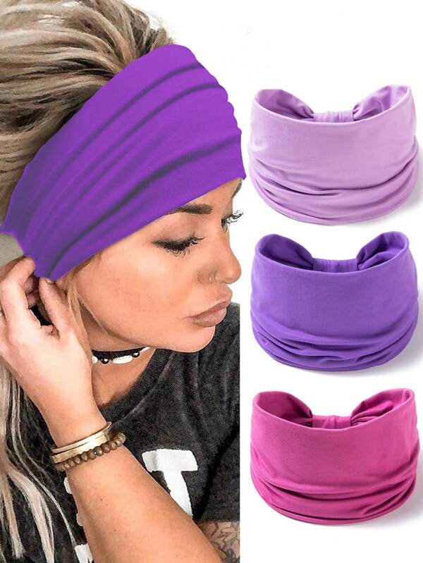 3 Peças Faixa de Cabelo Sólida Casual, Bandana de Ginástica, Turbante, Banda para Suor