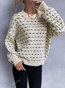 Autumn And Winter New Fashionable Round Neck Retro Plaid Contrast Stitching Long-Sleeved Women's Sweater