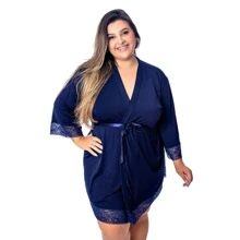 Sexy Plus Size Microfiber Robe With Satin Bow For Bride With Lace Details Half Sleeve - Blue - View 1