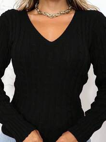 Knitting Line Blouse Long Sleeve V Neck Basic Braid - Black and White - View 2