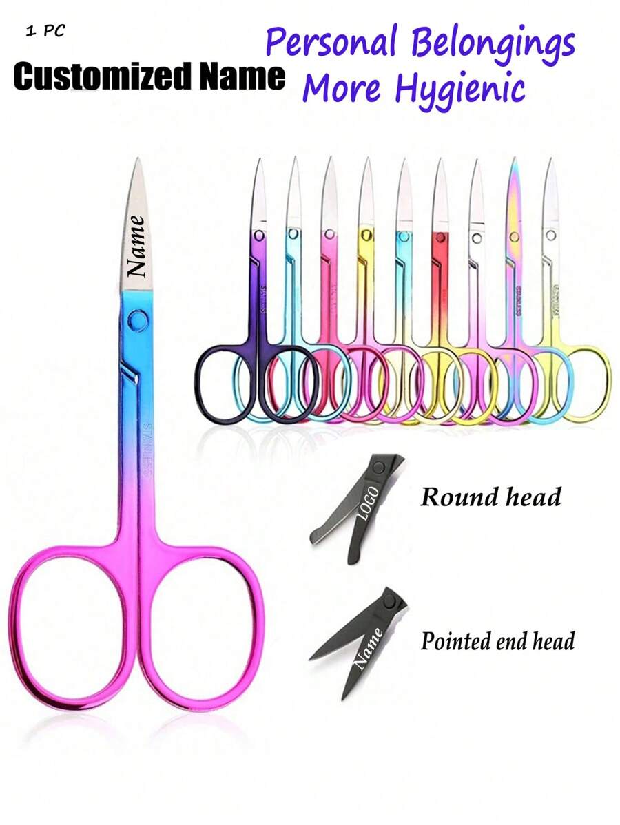 1PC Laser Customized Eyebrow Scissors Stainless Steel Eyelashes Nose Hair Remove Round Point Head Trimmer Personal Care Round Head Small Beard Eyebrow Facial Hair Cut Trimming Men And Women Makeup Beauty Tools - Multicolor - View 1