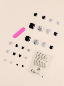 24 piezas de puntas de uñas de presión para los dedos de los pies en diseño cuadrado recortado, acabado brillante en azul klein, negro, gris, burdeos con decoración de pedrería y brillo, que incluyen 1 lima de uñas y 1 suministro de uñas adhesivas de gel de gelatina - azul real - Ver 8