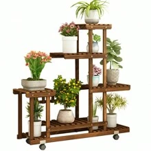 UNHO Plant Stand With Wheels: 6 Tiered Wooden Shelf Rolling Storage Rack Holder For Patio Garden Livingroom Balcony Yard Indoor Outdoor Display Potted Flowers Succulents Herbs - Màu Khaki - Xem 5