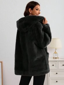 Chaqueta Esponjosa Cálido Para Mujer De Capucha,Abrigo Elegante De Peluche Con Cremallera De Manga Larga,Chaqueta De Color Sólido Casual Holgado Femenino - Negro - Ver 2